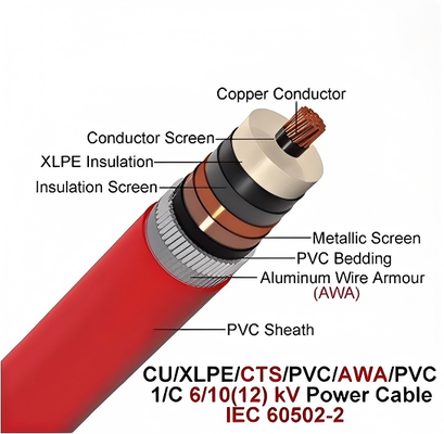 6/10kv 단일 구리 코어 알루미늄 와이어 장갑 케이블 CU/XLPE/CTS/PVCAWA/PVC 1x630mm2 IEC60502-2